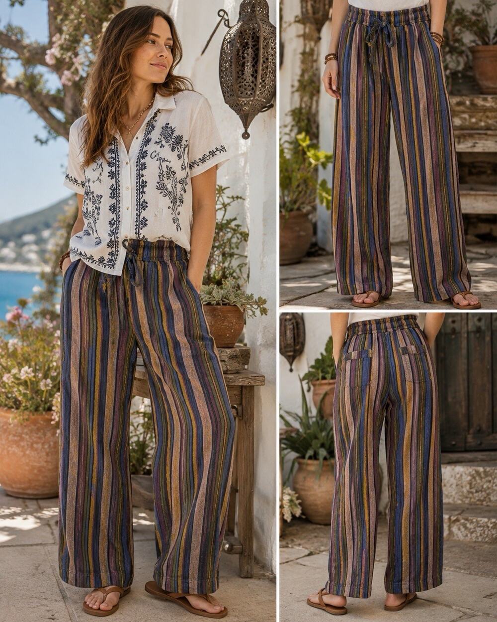 Earthbound Trading Co Pants Womens M Striped Drawstring Wide Leg Boho Nepal
